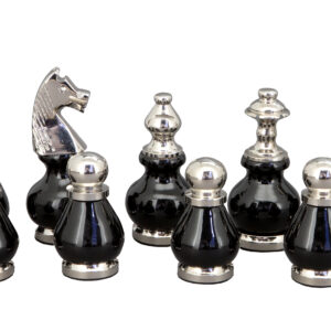 Dal Rossi Italy, Black and White with Gold and Silver Tops and Bottoms Chessmen 90mm on a Carbon Fibre Finish Shiny Chess Box with Compartments 20"