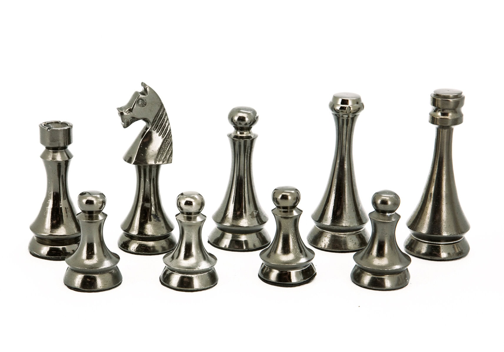 Dal Rossi Italy Metal Dark Titanium and Silver 85mm Chessmen on a Walnut Inlaid Chess Box with Compartments 20"