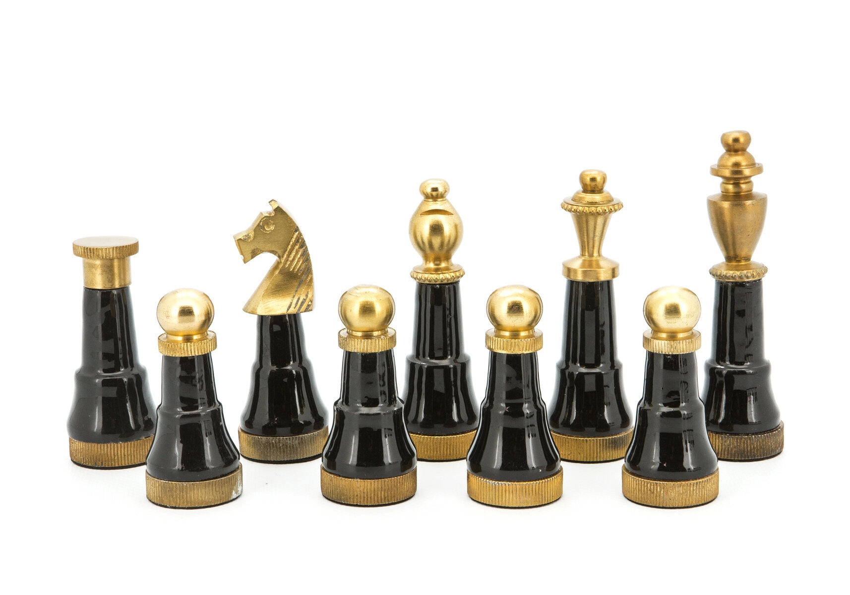 Dal Rossi Italy, Black and White with Gold and Gun Metal Tops and Bottoms Chessmen 110mm on a Walnut Inlaid Chess Box with Compartments 20"