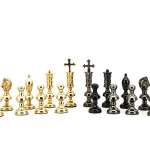 Dal Rossi Italy Chess Set Carbon Fibre Shinny Finish 20″ With Compartments, With Metal Dark Titanium and Gold Chessmen 110mm