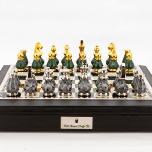 Dal Rossi Italy Chess Set 18” Black and White with PU Leather Black Edge with compartments, With Gray and Green Gold and Silver Metal Tops and Bottoms Chess Pieces 90mms