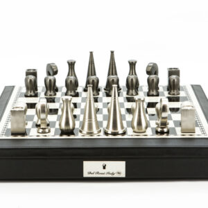 Dal Rossi Italy Chess Set 18” Black and White, With Black PU Leather Bevelled Edge with compartments, With Metal Dark Titanium and Silver 90mm Chessmen