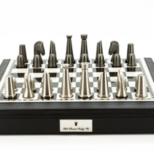 Dal Rossi Italy Chess Set 18” Black and White with Black PU Leather Edge with compartments, With Metal Dark Titanium and Silver chessmen 85mm