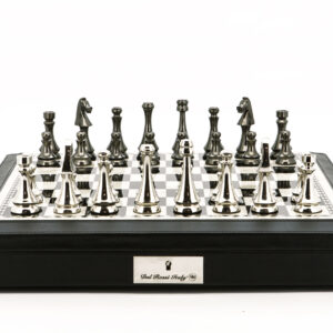 Dal Rossi Italy Chess Set 18” Black and White with Black PU Leather Edge with compartments, With Metal Dark Titanium and Silver chessmen 85mm