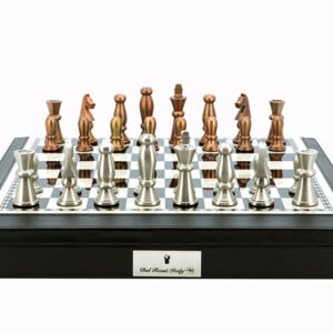 Dal Rossi Italy Chess Set 18” Black with PU Leather Edge with compartments, With Copper & Silver Weighted Metal 85mm Chess Pieces