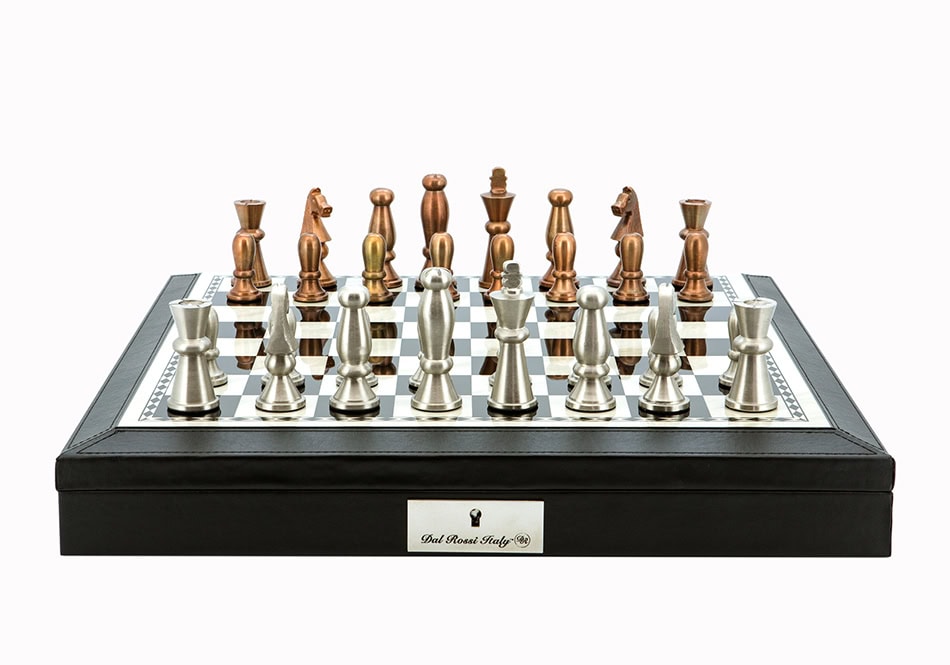 Dal Rossi Italy Chess Set 18” Black with PU Leather Edge with compartments, With Copper & Silver Weighted Metal 85mm Chess Pieces