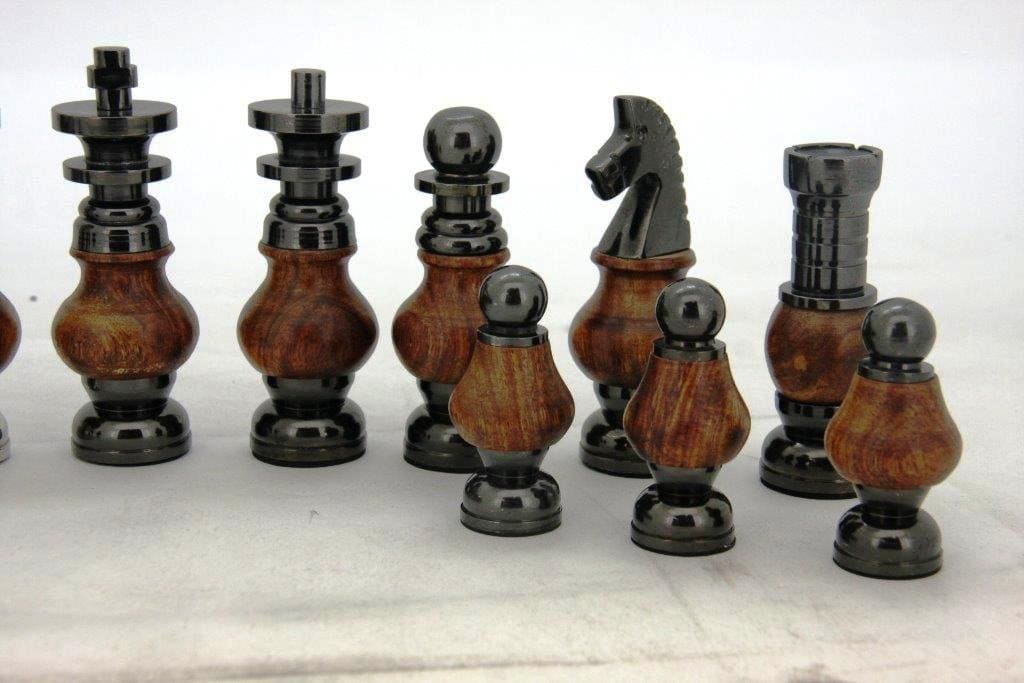 Dal Rossi Italy, Staunton Large Metal and Wood Chessmen on a Walnut Inlaid Chess Box with Compartments 20"
