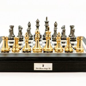 Dal Rossi Italy Chess Set 18" Black and White with PU Leather Black Edge with compartments, With Very Heavy Brass Staunton Gold and Silver chessmen 110mm