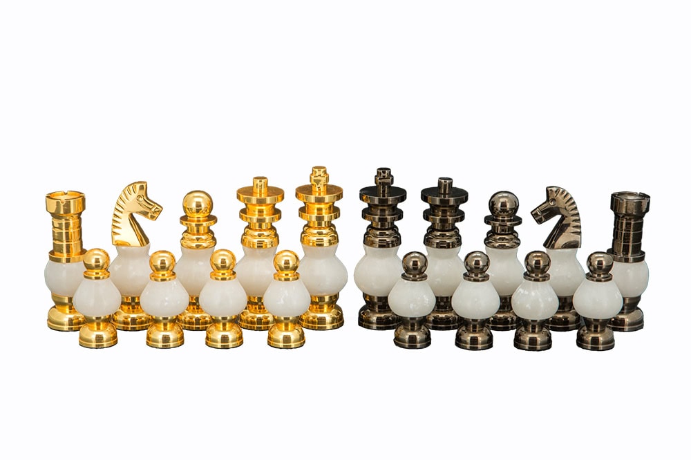 Dal Rossi Italy, White Stone and Gold Chessmen 100mm Chessmen on a Walnut Inlaid Chess Box with Compartments 20"