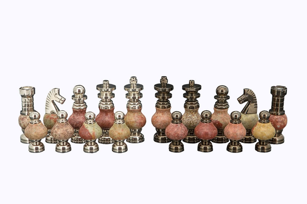 Dal Rossi Italy Chess Set on a 20" Board & Box with Coloured Stone and  Metal , Silver Chessmen