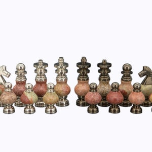Dal Rossi Italy Chess Set on a 20" Walnut Board & Box with Coloured Stone and Metal , Silver Chessmen