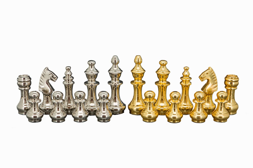 Dal Rossi Italy, Staunton Silver and GOLD Chessmen 100mm Chessmen on a Walnut Inlaid Chess Box with Compartments 20"