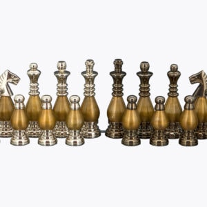 Dal Rossi Italy, Metal light gold plated Chessmen 100mm Chessmen on a Walnut Inlaid Chess Box with Compartments 20"