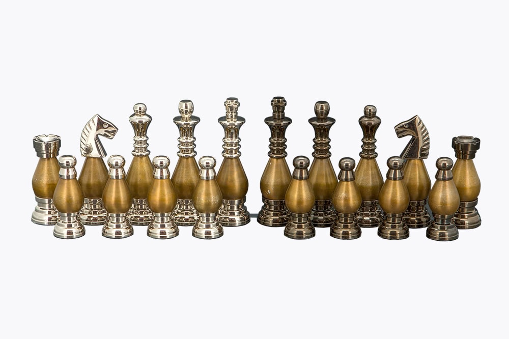 Dal Rossi Italy, Metal light gold plated Chessmen 100mm Chessmen on a Walnut Inlaid Chess Box with Compartments 20"