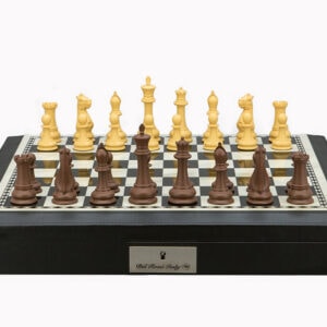 Dal Rossi Italy Chess Set 18” Black and White with Black PU Leather Edge with compartments, With Queens Gambit chessmen 90mm