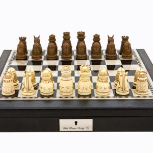 Dal Rossi Italy Black PU Leather Bevilled Edge chess box with compartments 18" with Medieval Resin Chessmen