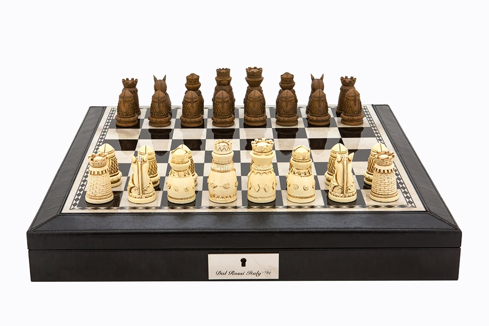 Dal Rossi Italy Black PU Leather Bevilled Edge chess box with compartments 18" with Medieval Resin Chessmen