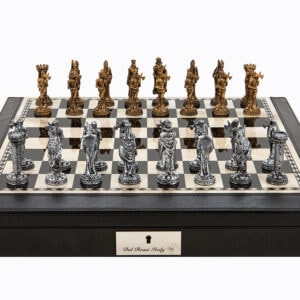 Dal Rossi Italy Black PU Leather Bevilled Edge chess box with compartments 18" with Medieval Pewter Chessmen