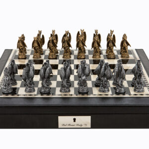 Dal Rossi Italy Black PU Leather Bevilled Edge chess box with compartments 18" with Dragon Pewter Chessmen