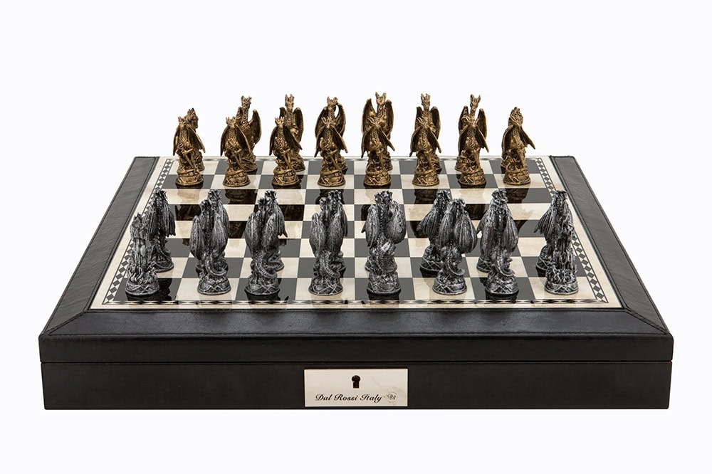 Dal Rossi Italy Black PU Leather Bevilled Edge chess box with compartments 18" with Dragon Pewter Chessmen
