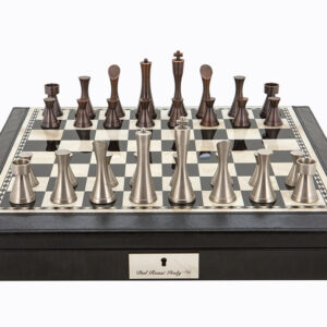 Dal Rossi Italy Black PU Leather Bevilled Edge chess box with compartments 18" with Contemporary Metal Chessmen
