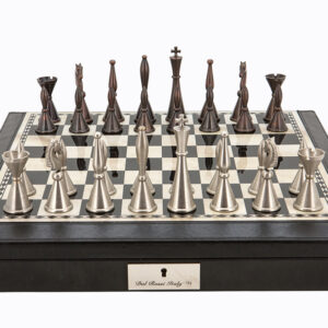 Dal Rossi Italy Black PU Leather Bevilled Edge chess box with compartments 18" with Staunton Metal Chessmen