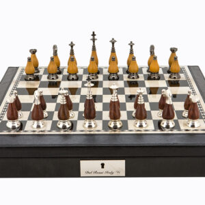 Dal Rossi Italy Black PU Leather Bevilled Edge chess box with compartments 18" with Staunton Metal/Wood Chessmen
