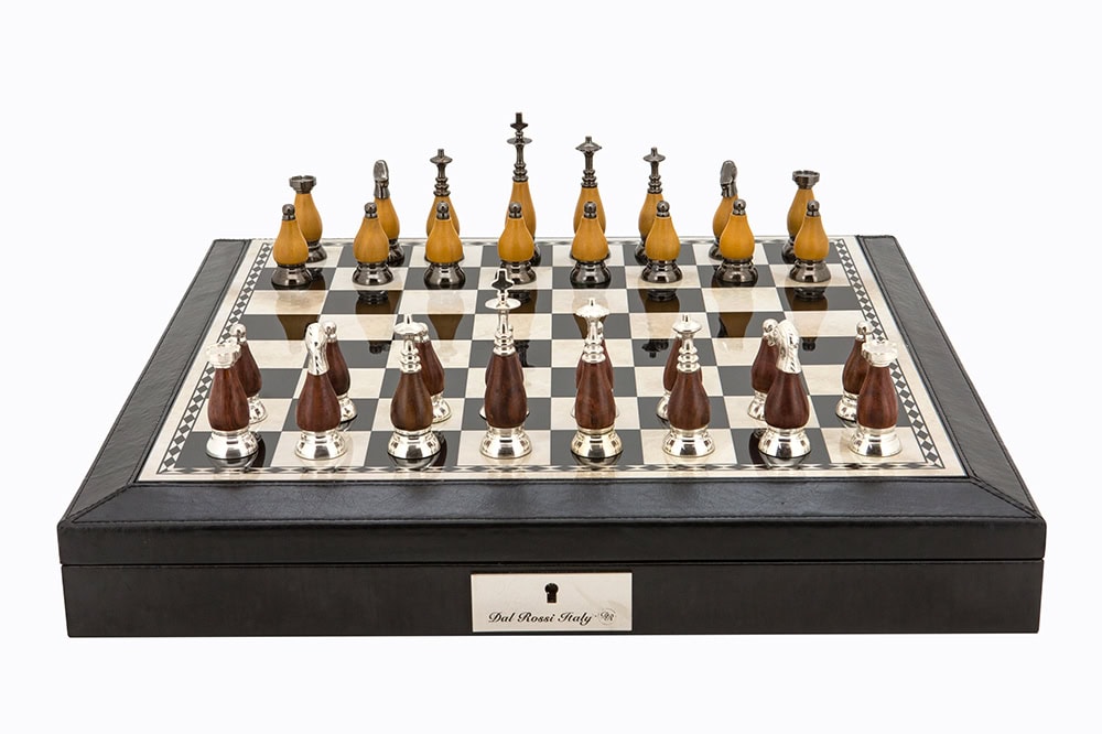Dal Rossi Italy Black PU Leather Bevilled Edge chess box with compartments 18" with Staunton Metal/Wood Chessmen