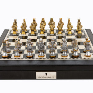 Dal Rossi Italy Black PU Leather Bevilled Edge chess box with compartments 18" with Medieval Warriors Resin Chessmen