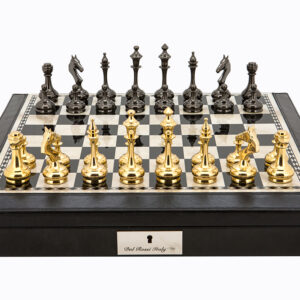 Dal Rossi Italy Black PU Leather Bevilled Edge chess box with compartments 18" with Staunton Brass Titanium Cap Chessmen