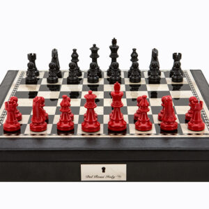 Dal Rossi Italy Black PU Leather Bevilled Edge chess box with compartments 18" with French Lardy Black/Red 85mm Chessmen