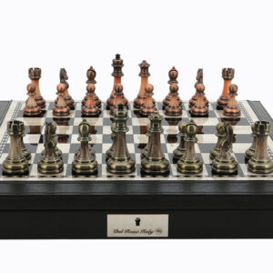 Dal Rossi Italy Black PU Leather Bevelled Edge chess box with compartments 18" with Antique Green and Copper Finish Chessmen