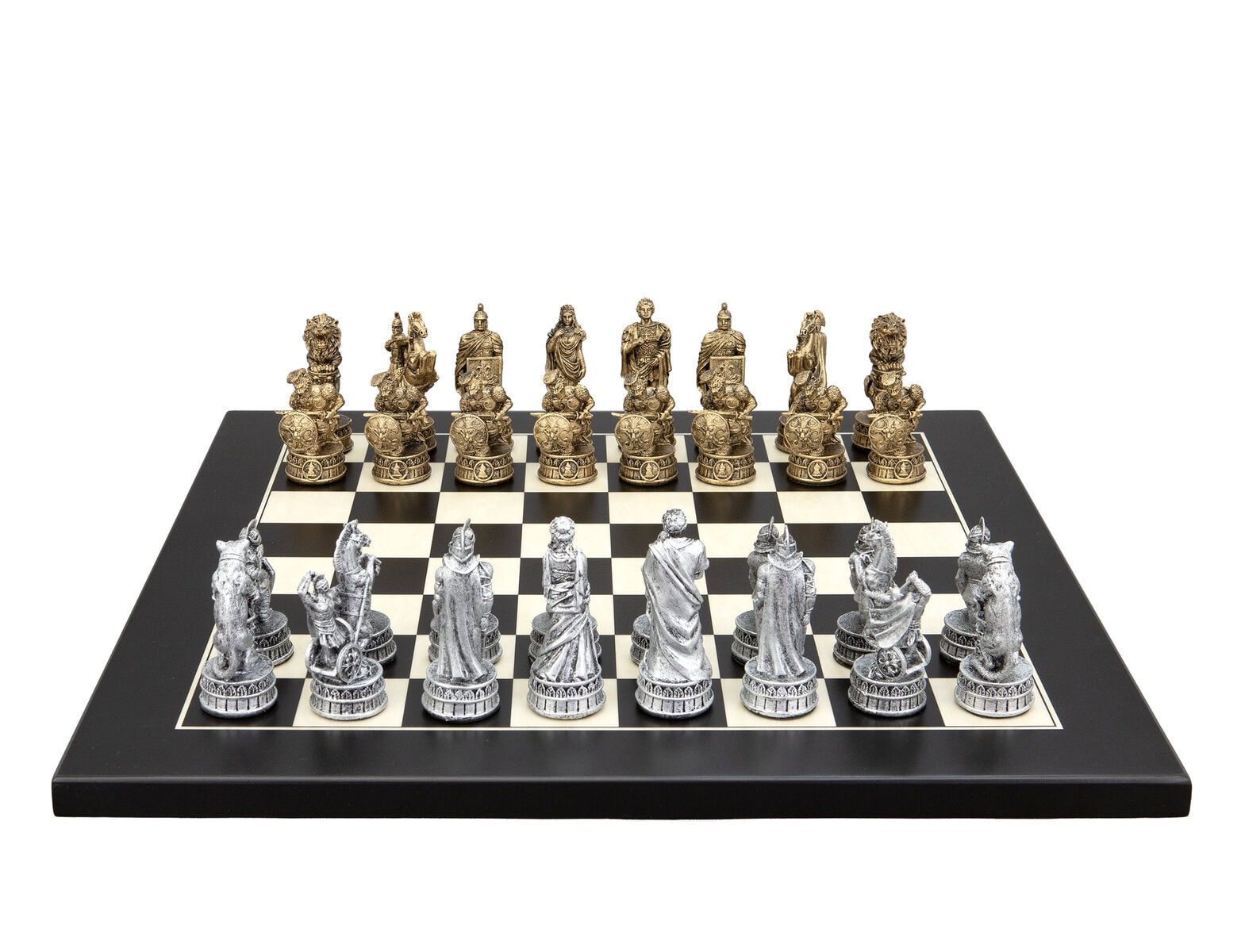 Dal Rossi Italy Roman Chessmen  on a Black / Erable, 40cm Chess Board