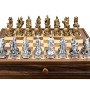 Dal Rossi Italy Roman Chessmen on a Walnut Box with Drawer 15"