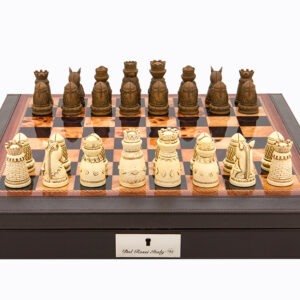 Dal Rossi Italy Brown PU Leather Bevilled Edge chess box with compartments 18" with Medieval Resin Chessmen