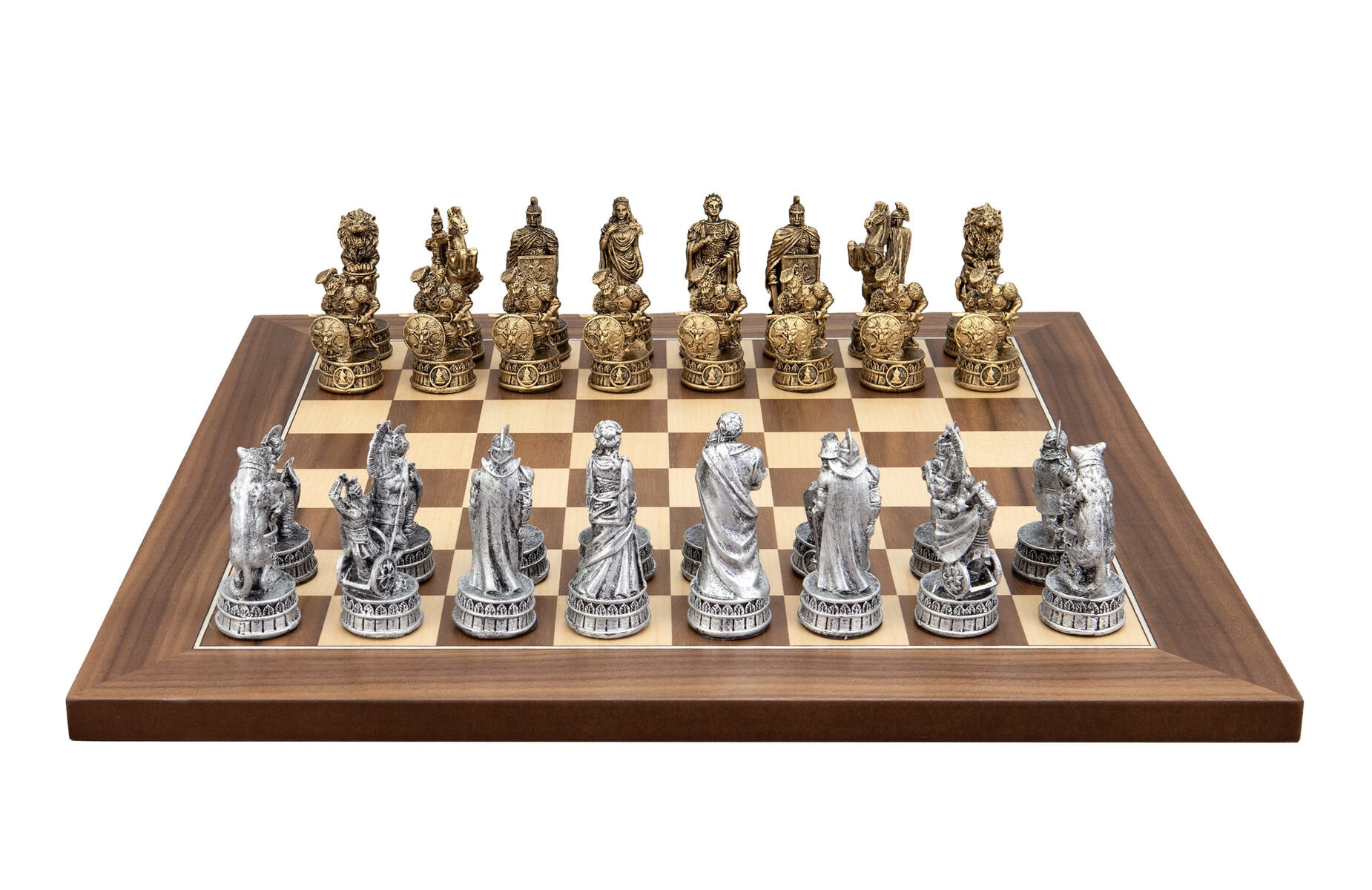 Dal Rossi Italy Roman Chessmen  on a Walnut Inlaid, 40cm Chess Board