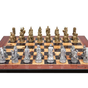 Dal Rossi Italy Roman Chessmen  on a Walnut Shiny Finish, 50cm Chess Board
