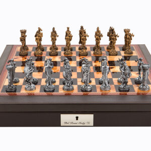 Dal Rossi Italy Brown PU Leather Bevilled Edge chess box with compartments 18" with Medieval Pewter GA Chessmen