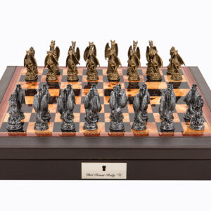 Dal Rossi Italy Brown PU Leather Bevilled Edge chess box with compartments 18" with Dragon Pewter Chessmen