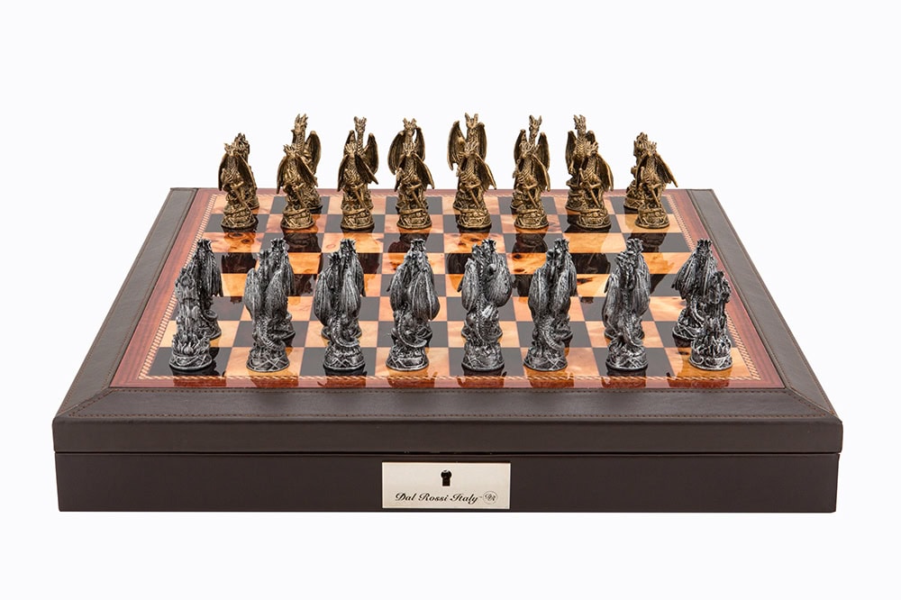 Dal Rossi Italy Brown PU Leather Bevilled Edge chess box with compartments 18" with Dragon Pewter Chessmen