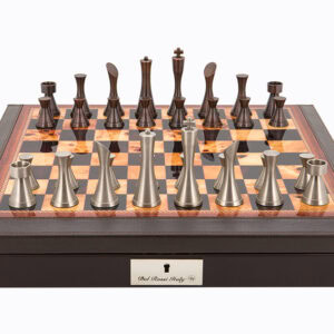 Dal Rossi Italy Brown PU Leather Bevilled Edge chess box with compartments 18" with Contemporary Metal Chessmen