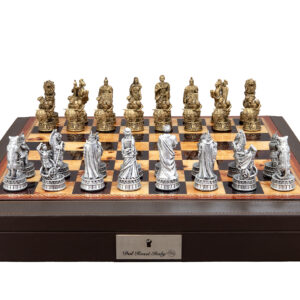 Dal Rossi Italy Roman Chessmen on a Brown PU Leather Bevelled Edge chess box with compartments 18"