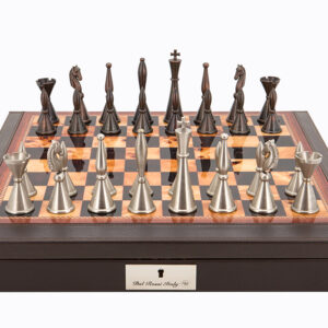 Dal Rossi Italy Brown PU Leather Bevilled Edge chess box with compartments 18" with Staunton Metal Chessmen