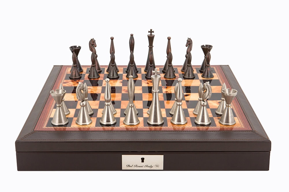 Dal Rossi Italy Brown PU Leather Bevilled Edge chess box with compartments 18" with Staunton Metal Chessmen