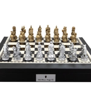 Dal Rossi Italy Roman Chessmen on a Black PU Leather Bevelled Edge chess box with compartments 18"
