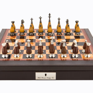 Dal Rossi Italy Brown PU Leather Bevilled Edge chess box with compartments 18" with Staunton Metal/Wood Chessmen