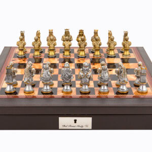 Dal Rossi Italy Brown PU Leather Bevilled Edge chess box with compartments 18" with Medieval Warriors Resin Chessmen