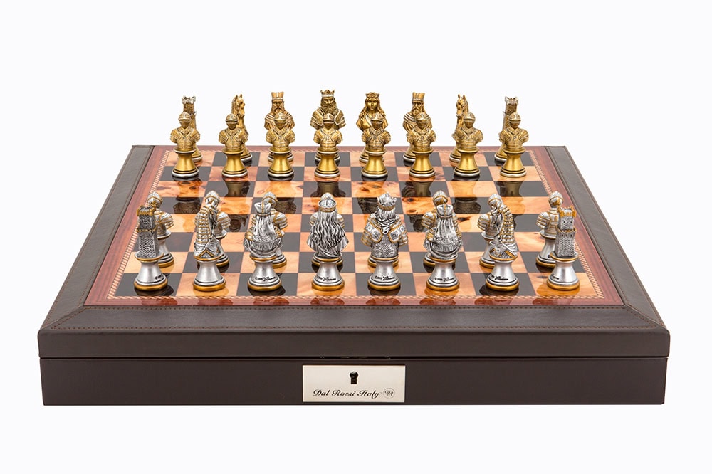 Dal Rossi Italy Brown PU Leather Bevilled Edge chess box with compartments 18" with Medieval Warriors Resin Chessmen
