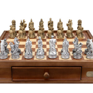 Dal Rossi Italy Roman Chessmen on a Walnut Chess Box with Drawers 16"