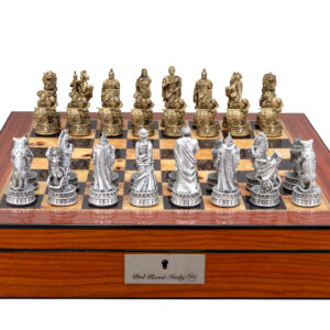 Dal Rossi Italy Roman Chessmen on a Walnut Finish Shiny Chess Box with Compartments 16"